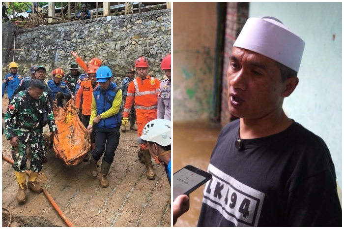 Petugas saat mengevakuasi korban longsor. Sementara Ketua DKM Masjid Al Baroqah Megamendung saat dimintai keterangan.