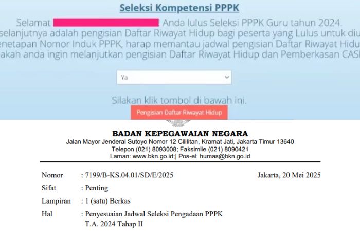 Tampilan akun SSCASN peserta yang lolos seleksi PPPK tahap 2 (atas), jadwal seleksi PPPK tahap 2 (bawah)