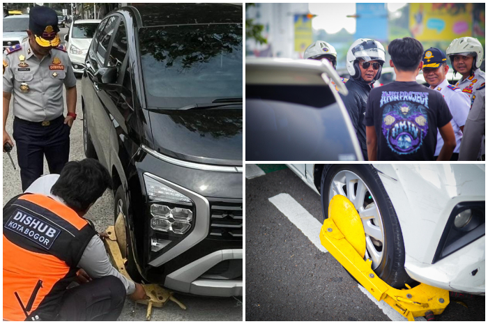 Penindakan kendaraan yang parkir di jalur sepeda oleh personel Dishub Kota Bogor.