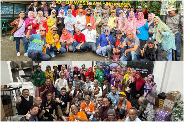 Para alumni SMAN 1 Surabaya saat reuni di Puncak, Kabupaten Bogor.&nbsp;