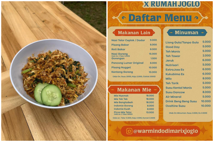 Beragam menu di Warmindo Dimari X Rumah Joglo Tanah Sareal, Kota Bogor.