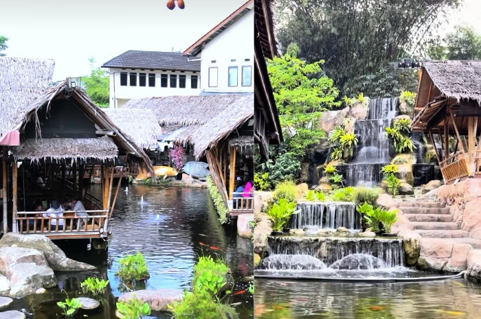 Resto Gurih 7 Bogor menyajikan masakan khas sunda dengan pemandangan air terjun mini.&nbsp;