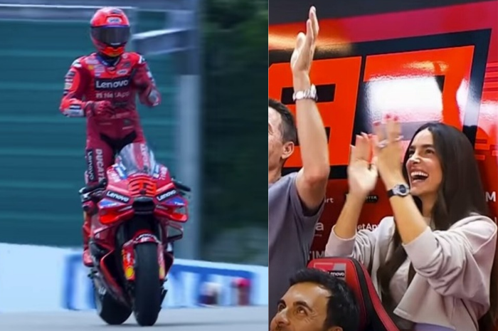 Pembalap Asal Spanyol, Marq Marquez usai memenangkan balapan di Sirkuit Sachsenring, Jerman melakukan selebrasi aura farming.