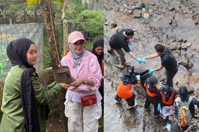 Sekelompok pemuda yang tergabung dalam organisasi Donor Oksigen Indonesia melakukan pembersihan sampah plastik dan penanaman pohon di area Sungai Cipelang, Kota Sukabumi.