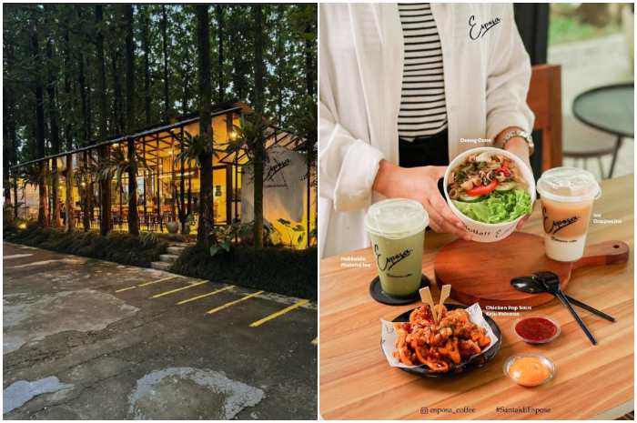 Suasana Cafe Esposa, hidden coffee shop di Bogor yang di kelilingi pohon jati.