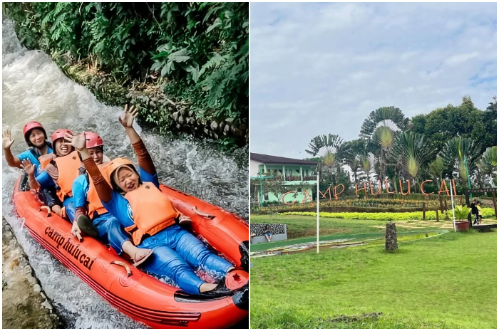 Bermain mini arung jeram di Camp Hulu Cai Cibedug, Ciawi Kabupaten Bogor.