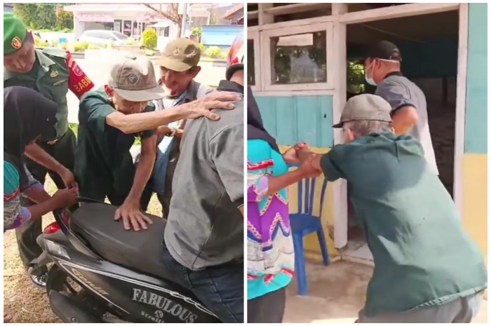 Momen Haru Lansia 82 Tahun Mengambil Bansos Beras Dibantu Warga dan Aparat TNI.
