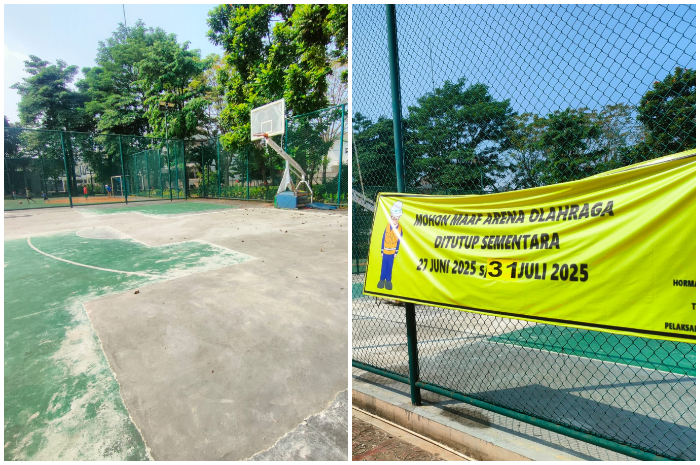 Kondisi terkini lapangan basket Alun-Alun Kota Depok yang kini masih dalam proses perbaikan