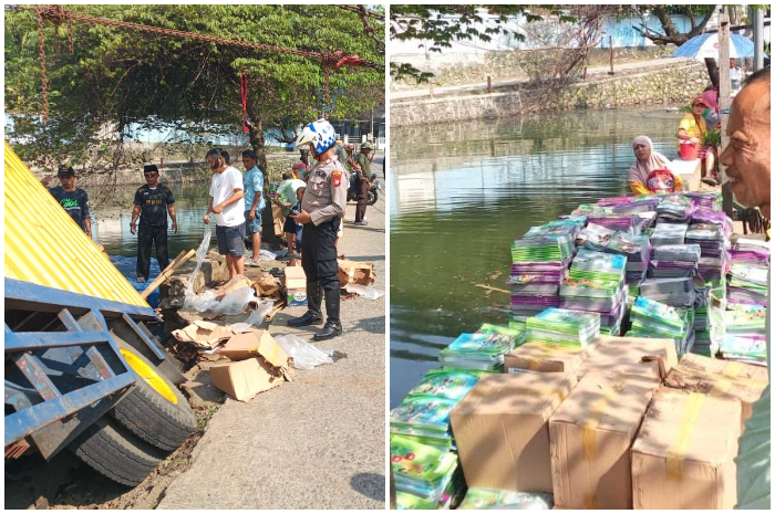Kondisi truk bermuatan buku pelajaran sekolah terperosok di Setu Jatijajar Kota Depok.