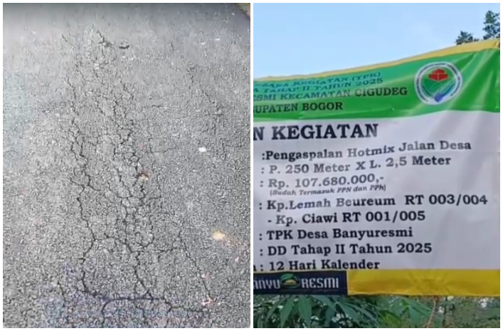 Tangkapan layar video kondisi jalan di wilayah Desa Banyuresmi, Cigudeg, Kabupaten Bogor yang rusak setelah diaspal.