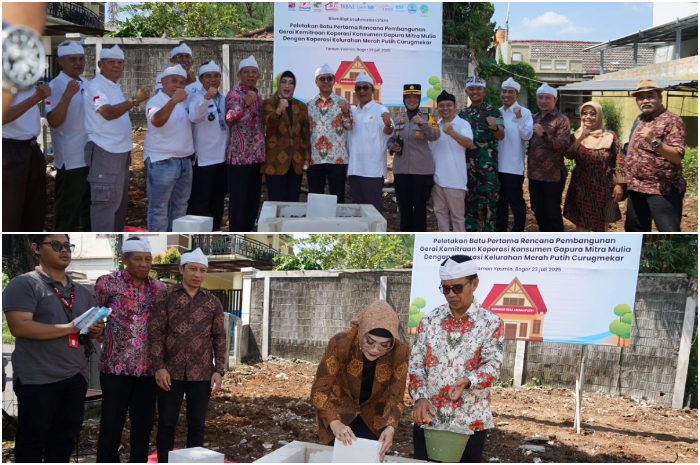 Peletakan batu pertama pembangunan Koperasi Merah Putih Kelurahan Curug Mekar Kota Bogor Rabu, 23 Juli 2025.