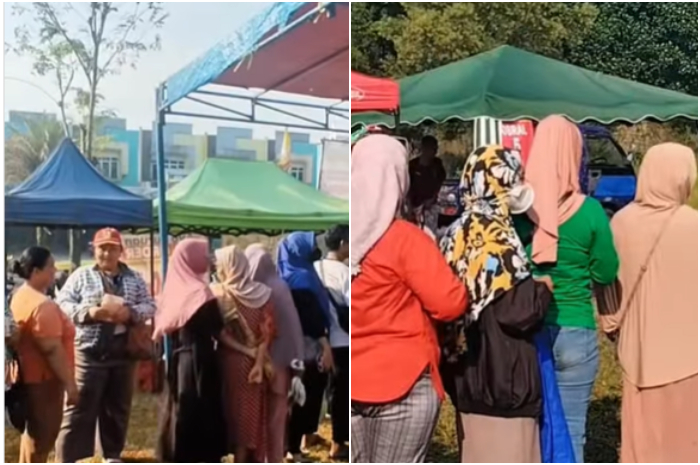 Antrean ibu-ibu sedang mengikuti gerakan pangan murah di Cileungsi, Kabupaten Bogor.
