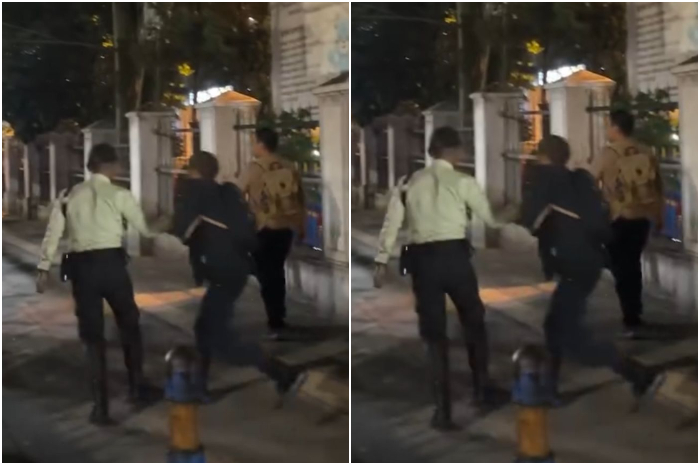 Satpam mengamankan pria yang diduga copet di Jalan Kapten Muslihat, Kota Bogor.