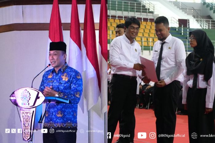 Kepala BKN, Prof. Zudan Arif dalam kegiatan Talk Show interaktif yang digelar Dewan Pengurus KORPRI BKN (kiri) Pelantikan CPNS dan PPPK di Kabupaten Penajam Paser Utara (kanan).