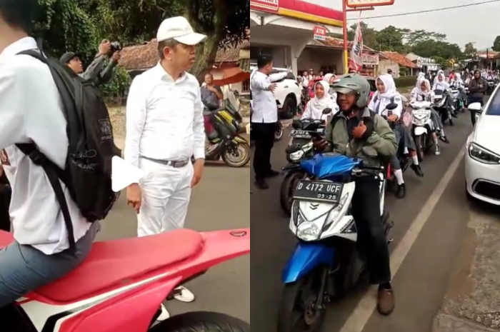 Gubernur Jawa Barat, Dedi Mulyadi menghentikan rombongan pelajar yang tidak pakai helm di kawasan Bandung Barat.