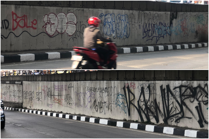 Kondisi underpass di Jalan Sholeh Iskandar Kota Bogor dipenuhi oleh coretan-coretan.