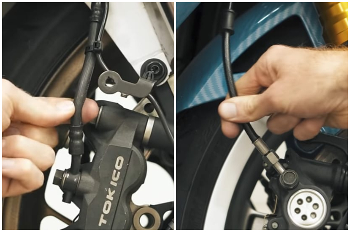 Ilustrasi selang rem karet dan baja pada sepeda motor