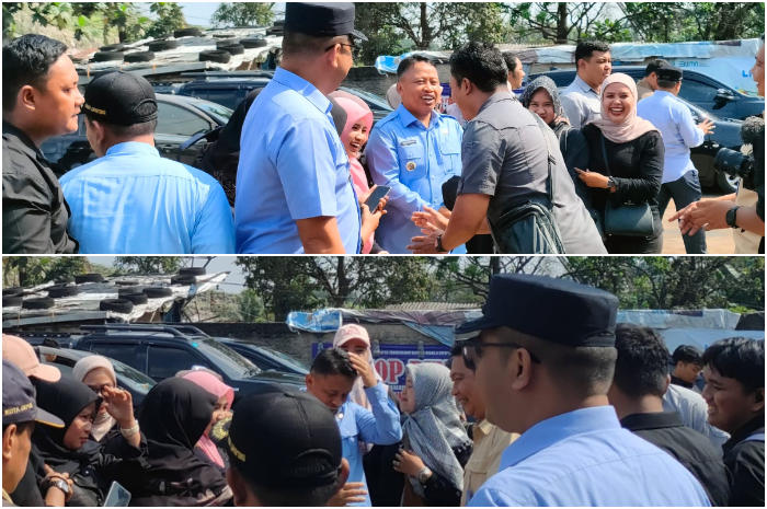 Wali Kota Depok Supian Suri saat melakukan kunjungan ke TPA Cipayung dan sempat dikerumuni emak-emak yang minta berfoto.