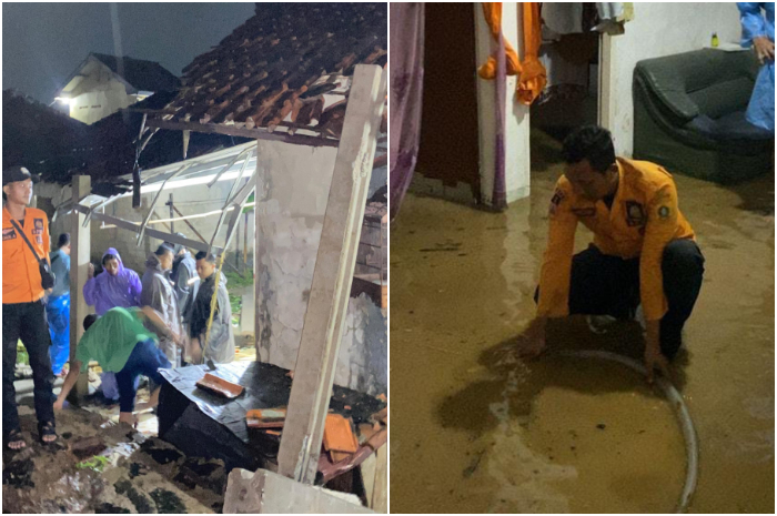 Petugas BPBD Kabupaten Bogor membantu warga yang terdampak banjir dan longsor di Gunung Sindur, Kabupaten Bogor.
