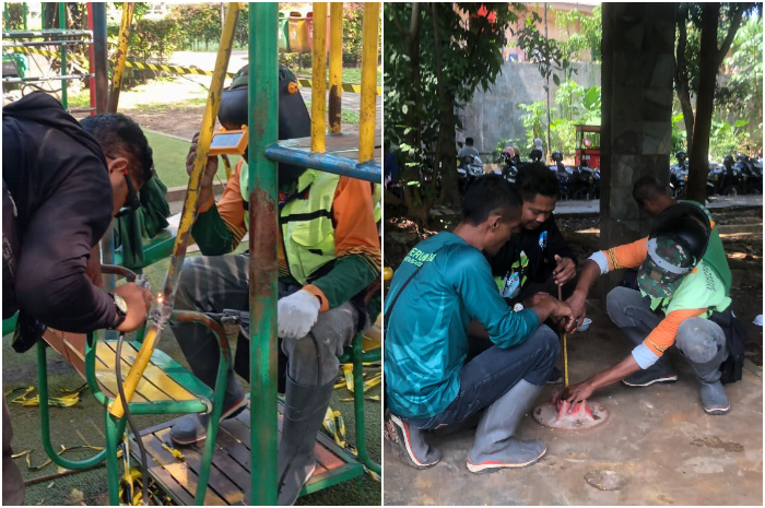 Petugas saat memperbaiki fasilitas yang rusak di Taman Heulang, Kota Bogor.