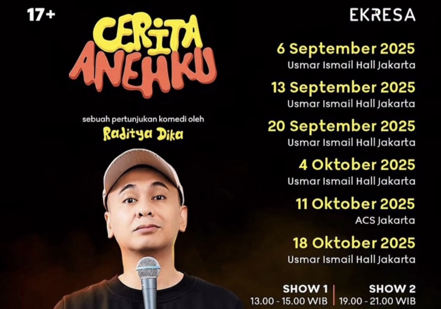 Jadwal pertunjukan komedi Raditya Dika bertema Cerita Anehku di Jakarta.
