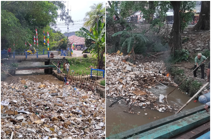 Tumpukan sampah menyumbat aliran sungai di depan Mitra 10, Jalan Raya Bogor, Cibinong, Kabupaten Bogor.