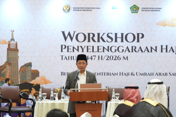 Menteri Agama Nasaruddin Umar dalam kegiatan workshop persiapan penyelenggaraan ibadah haji tahun 1447 Hijriah