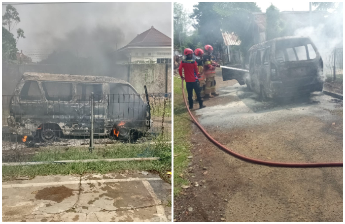 Proses pemadaman angkot yang terbakar di kawasan Cimanggu Kota Bogor.