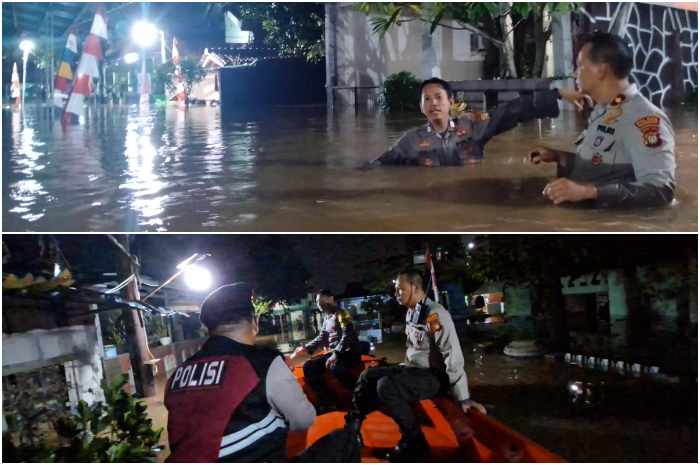 Polsek Bojongsari Polres Metro Depok mengevakuasi warga terdampak banjir Sabtu, 9 Agustus 2025 malam.