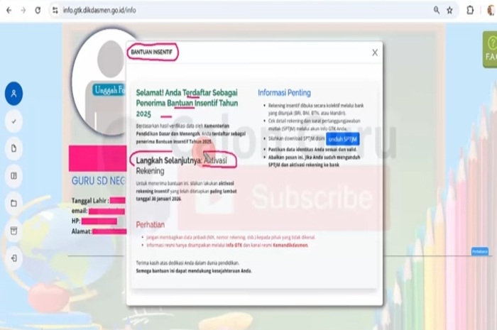 Laman tunjangan bantuan insentif guru di Info GTK