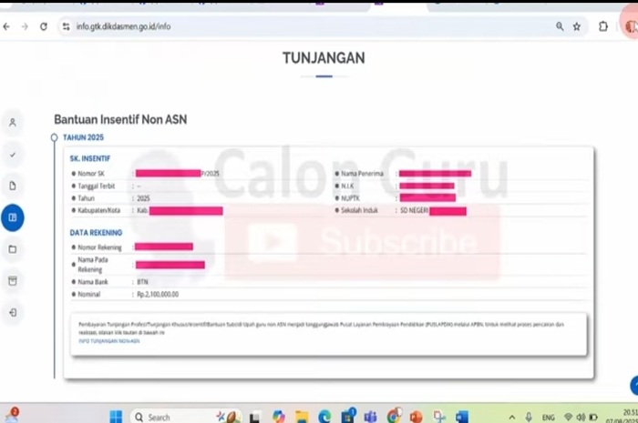 Laman tunjangan bantuan insentif guru bukan ASN di Info GTK