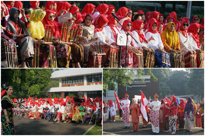 Agrianita IPB memeriahkan Gebyar Merah Putih padukan alat musik sunda dengan balutan budaya palembang di halaman Gedung Andi Hakim Nasoetion, IPB University Dramaga, Bogor, Minggu 17 Agustus 2025.