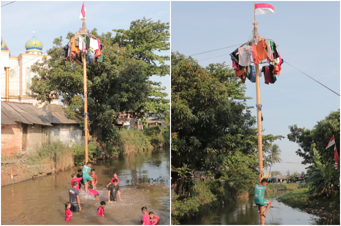 Panjat pinang memeriahkan Hari Kemerdekaan di Pabuaran, Kecamatan Bojonggede, Kabupaten Bogor, Minggu, 17 Agustus 2025.