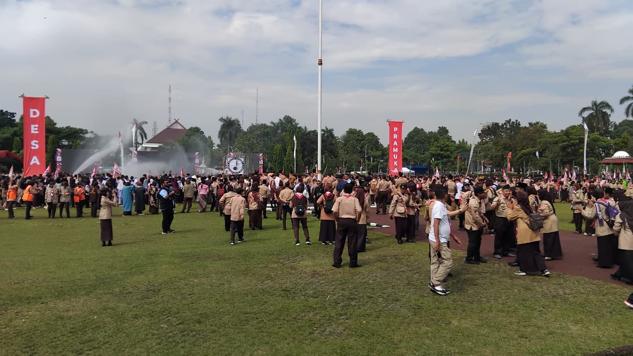 Kemeriahan Puncak Harlah Pramuka ke-64 di lapangan Tegar Beriman, Cibinong, Kabupaten Bogor, Kamis 21 Agustus 2025.