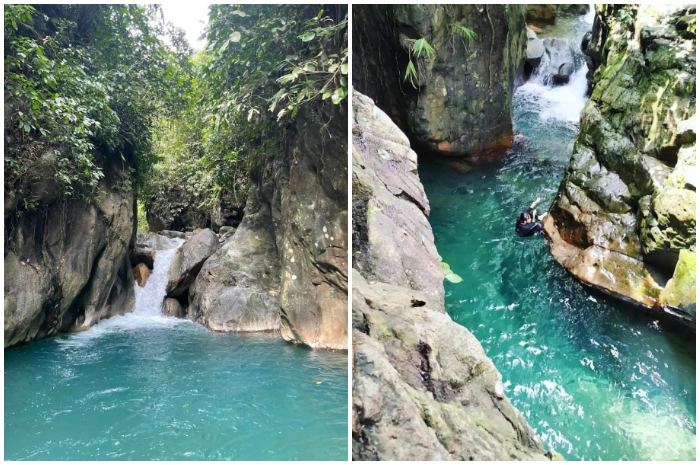 Suasana air terjun di Curug Leuwi Lieuk Sukamakmur Bogor.
