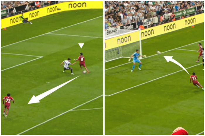 Proses terjadinya gol ke gawang Newcastle United yang dicetak pemain muda Liverpool