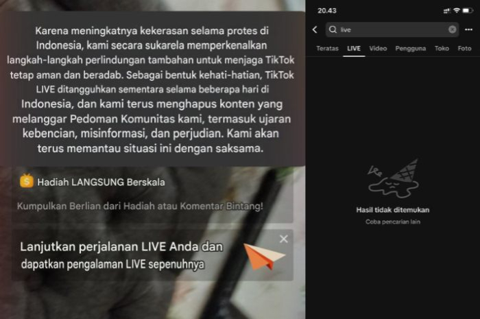 Pengumuman dari TikTok Indonesia mengenai fitur Live (kiri), Fitur Live hilang di platform TikTok (kanan).