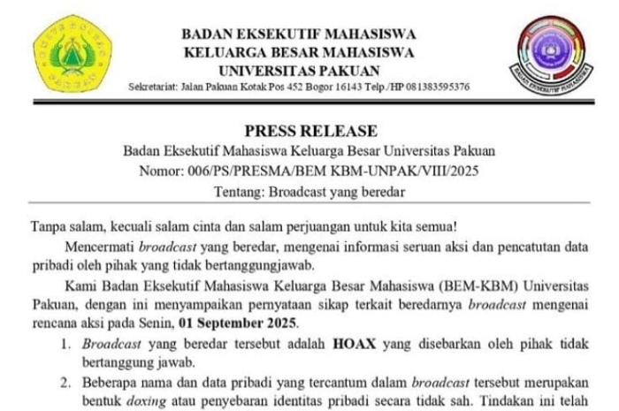 Penjelasan dari BEM Unpak Bogor.