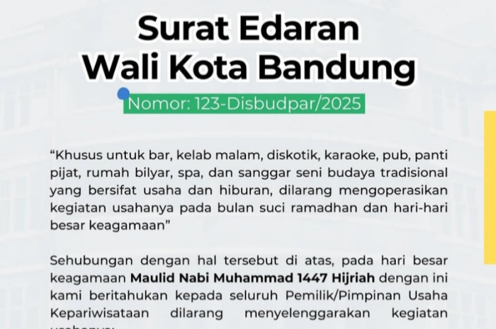 Surat edaran Wali Kota Bandung terkait larangan tempat hiburan beroperasi saat peringatan Maulid Nabi Muhammad SAW.