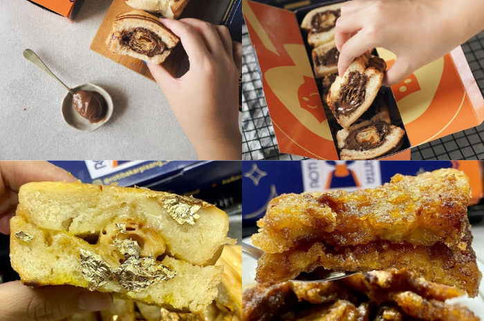 Puff pastry kriuk di dalam roti bakar, topping beragam, favorit di Pasar Santa.