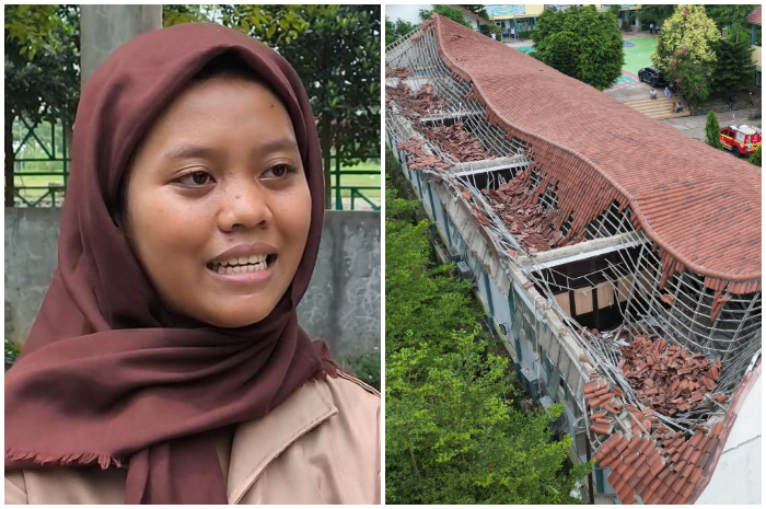 Nuryani salah satu korban ambruknya atap SMKN 1 Cileungsi Bogor dan kondisi atap sekolah yang ambruk.