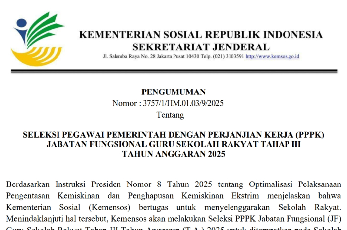 Pengumuman Seleksi PPPK JF Guru Sekolah Rakyat Tahap III Tahun Anggaran 2025