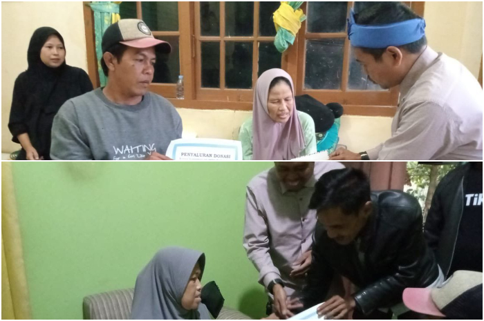 Warga Dusun 2 Desa Sukaluyu, Kecamatan Tamansari, Kabupaten Bogor menyerahkan donasi untuk korban majelis taklim yang ambruk di Kampung Ciapus Kompas, Desa Sukamakmur, Kecamatan Ciomas.