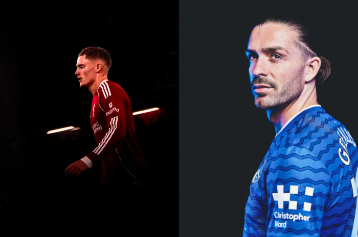 MUKA BARU: Gelandang serang Liverpool FC Florian Wirtz (kiri) dan wide attacker Everton Jack Grealish bakal merasakan kali pertama derbi Merseyside di Anfield, Sabtu (20/9).