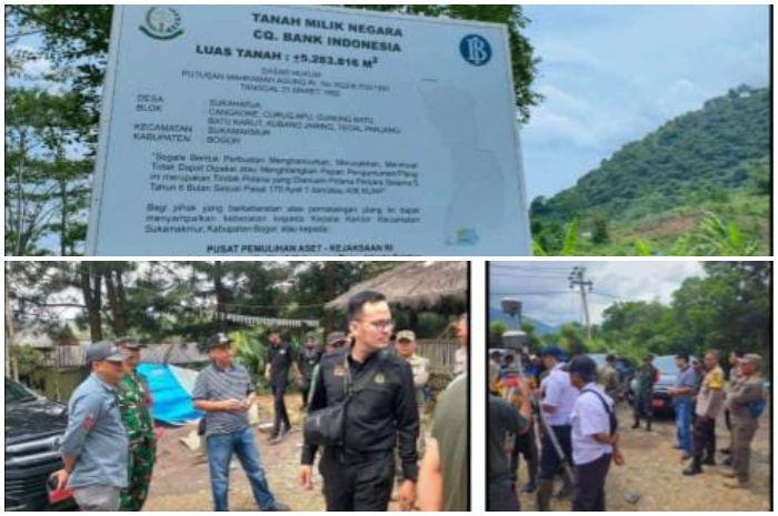 Plang yang dipasang oleh Satgas BLBI dan Kejaksaan di Desa Sukaharja, Sukamakmur, Kabupaten Bogor.