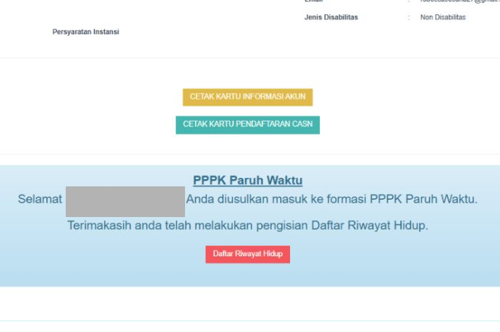 Tampilan laman SSCASN ketika honorer sudah mengisi DRH