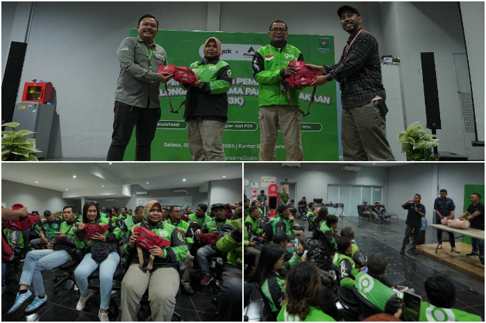 Gojek Bandung berkolaborasi dengan EIGER Adventure memberikan pelatihan P3K serta membagikan tas kepada driver ojek online.