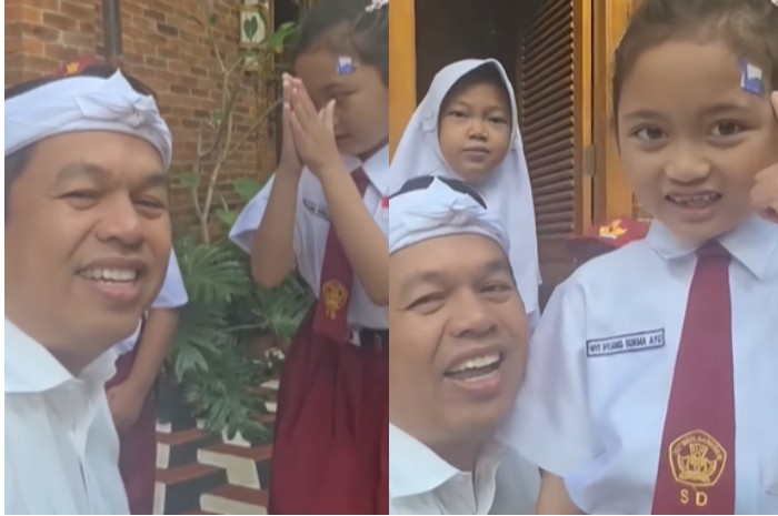 Momen putri Gubernur Jawa Barat Dedi Mulyadi Ni Hyang yang akan berangkat ke&nbsp;sekolah.&nbsp;