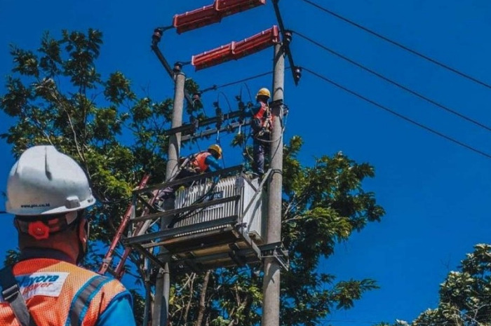 Teknisi PLN saat sedang memperbaiki intalasi listrik.
