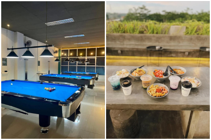 Suasana arena main biliiard dan menu di Teras Angkasa Kemang Bogor.